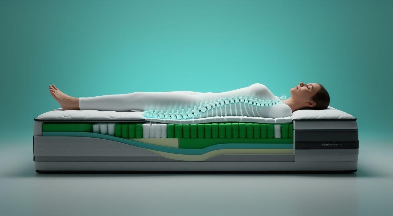 Cross-section scientific illustration of a human spine on a supportive mattress